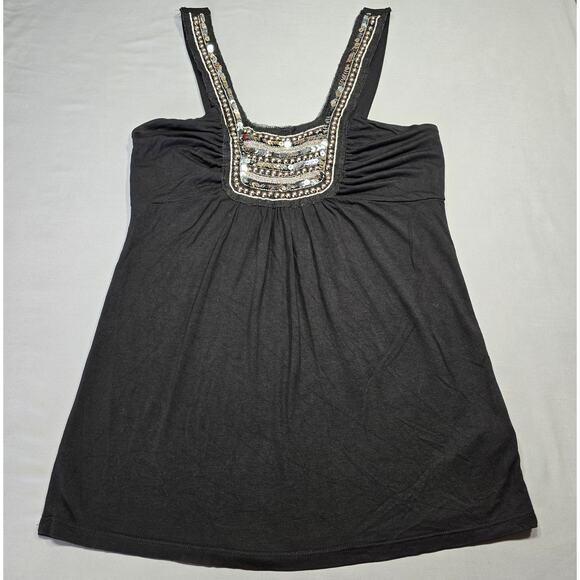 i.ner Black Tank Stretch Y2k Studded Pleated Square Neck Wide Strap Women Size S - Picture 1 of 7